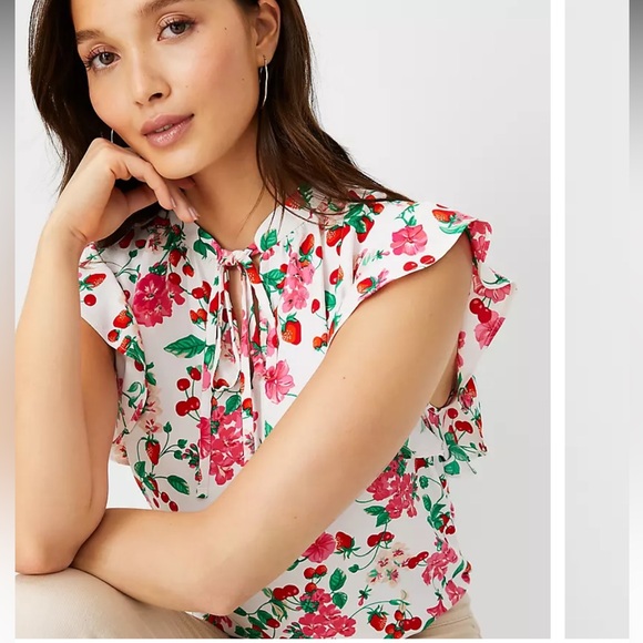 Ann Taylor Tops - Ann Taylor strawberries, cherries, Floral   Ruffle Sleeve Tie Neck Shell top